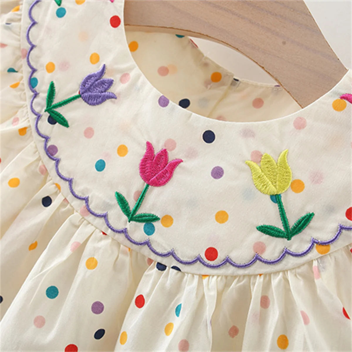 summer korean dress New Sweet Rose Embroidered Small Round Dots Version Loose Bubble Sleeve Cotton Beach Skirt