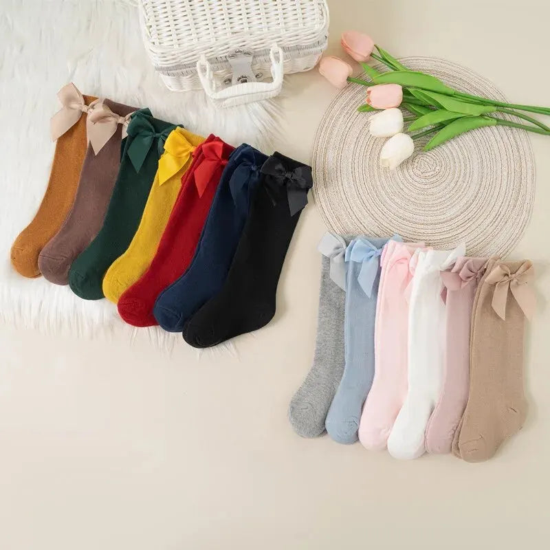 3Pairs/Lot Baby Toddlers Socks Autumn Spring Children Kids Girls Knee High Long Sock Cotton Big Bow Spanish Style Princess Socks