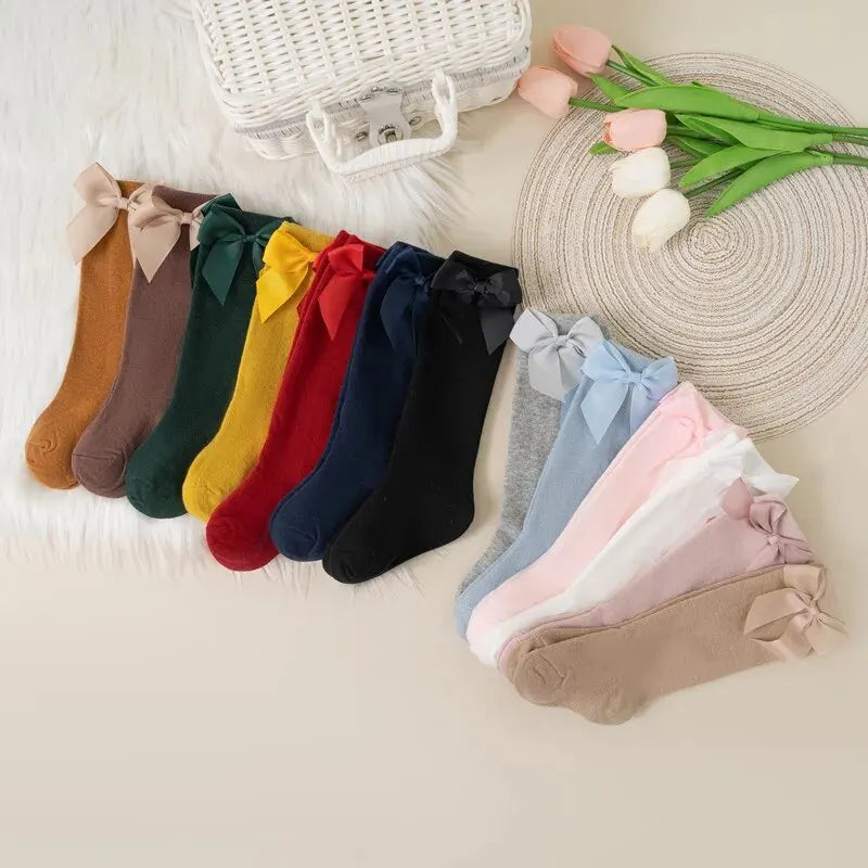 3Pairs/Lot Baby Toddlers Socks Autumn Spring Children Kids Girls Knee High Long Sock Cotton Big Bow Spanish Style Princess Socks