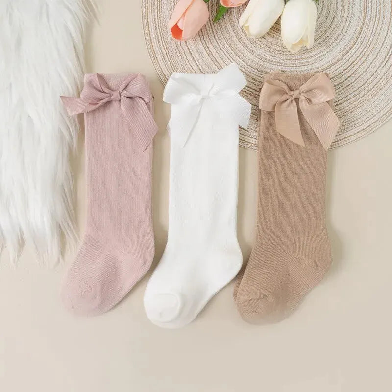 3Pairs/Lot Baby Toddlers Socks Autumn Spring Children Kids Girls Knee High Long Sock Cotton Big Bow Spanish Style Princess Socks