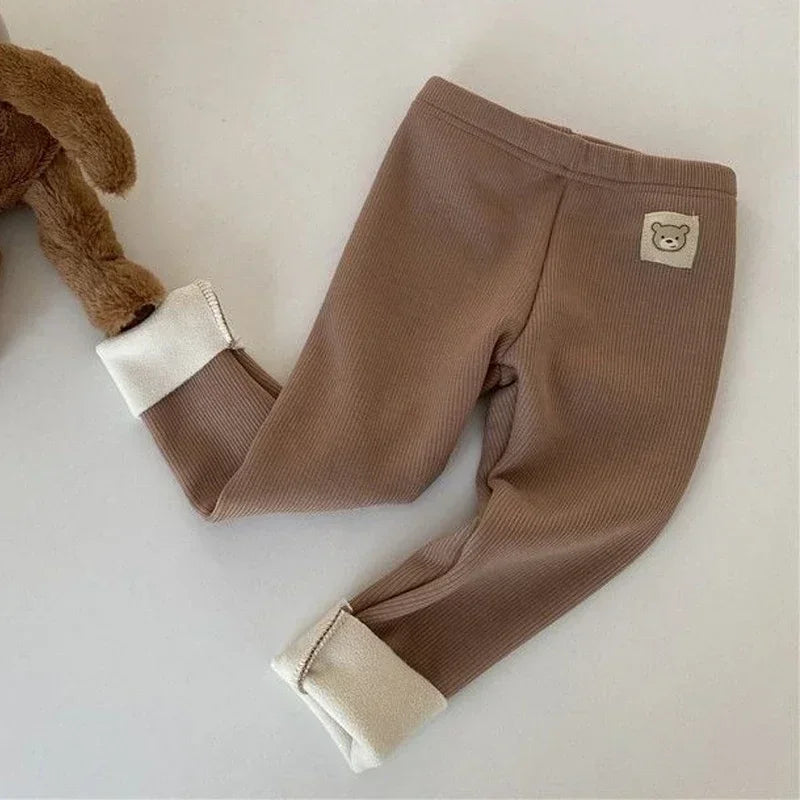 Korean Autumn Winter Children's Fleece-lined One-piece Pants Warm Baby Cartoon Elastic Ankle Length Trousers for Boys Girls