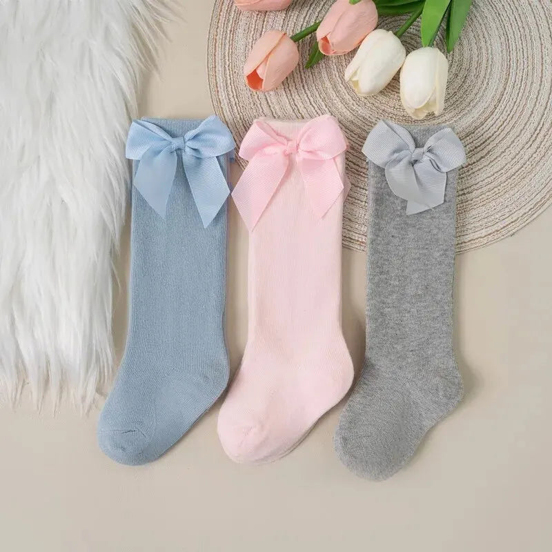 3Pairs/Lot Baby Toddlers Socks Autumn Spring Children Kids Girls Knee High Long Sock Cotton Big Bow Spanish Style Princess Socks