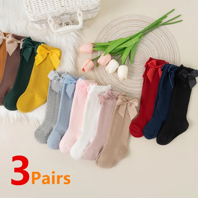 3Pairs/Lot Baby Toddlers Socks Autumn Spring Children Kids Girls Knee High Long Sock Cotton Big Bow Spanish Style Princess Socks